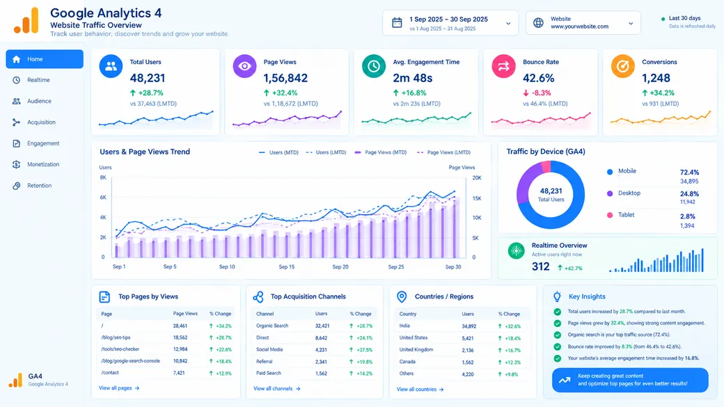 Google Analytics 4 traffic overview with total users, page views, engagement time, bounce rate and conversions, a users and page views trend chart, device split, top pages, acquisition channels and countries.