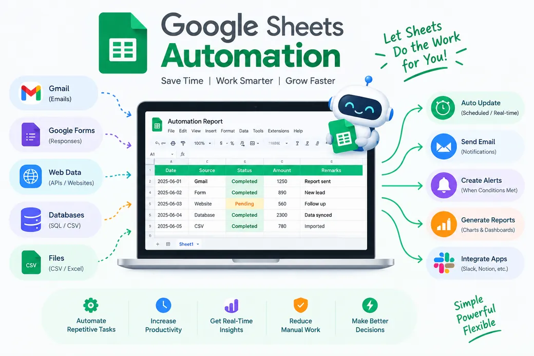 Diagram of a Google Sheets automation: inputs from Gmail, Google Forms, web APIs, databases and CSV files feeding a sheet, which then auto updates, sends email, raises alerts, generates reports and pushes data to other apps.